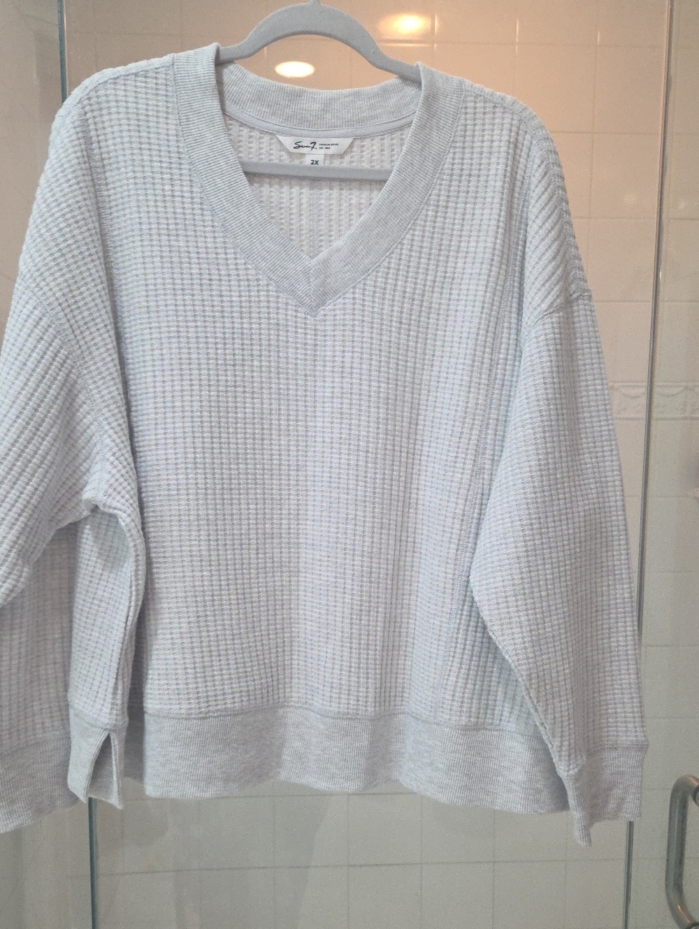 Seven7 Light Gray V-Neck Waffle Knit Sweater